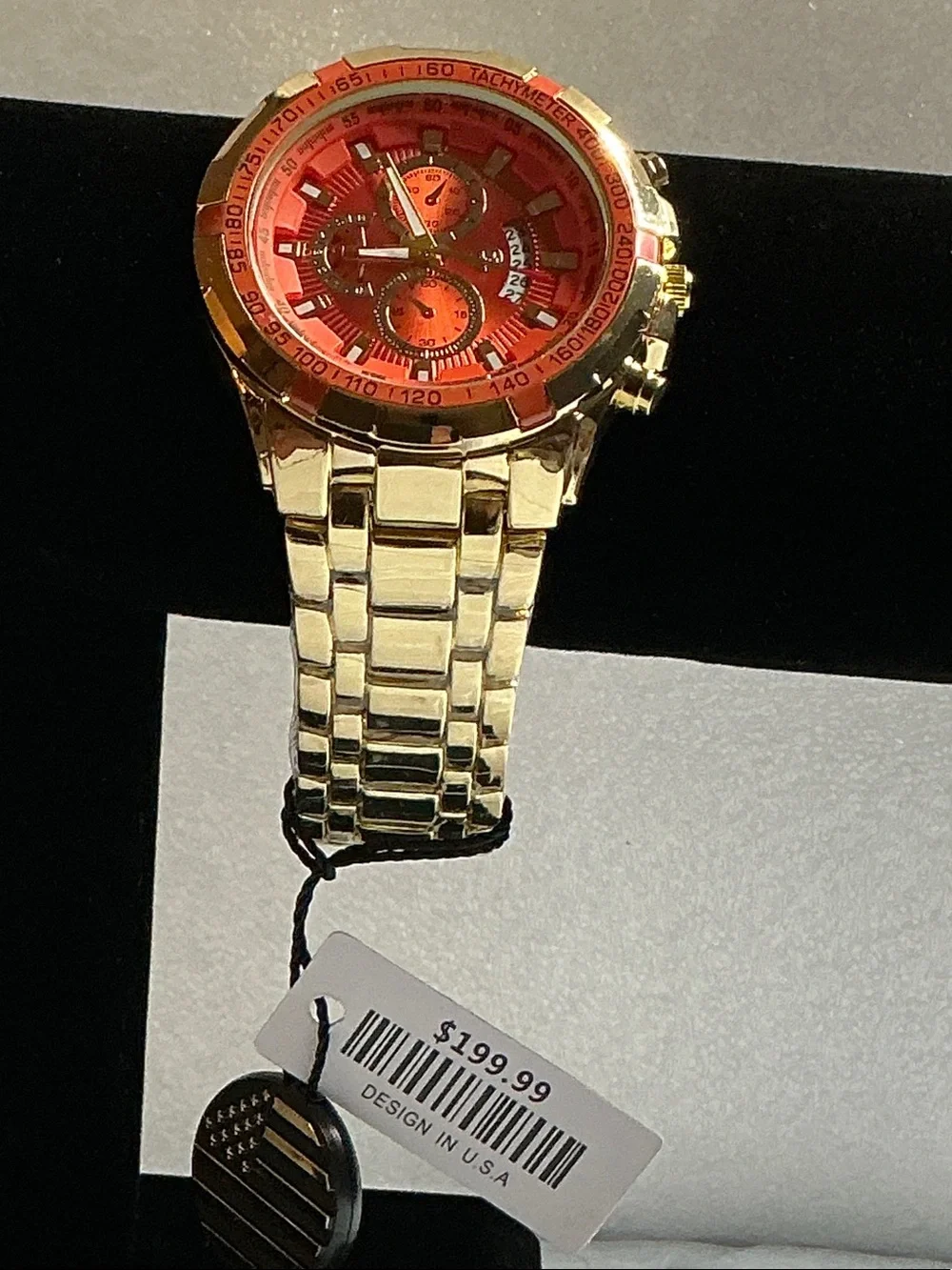 Gold Men's Chronograph Watch with Orange Dial